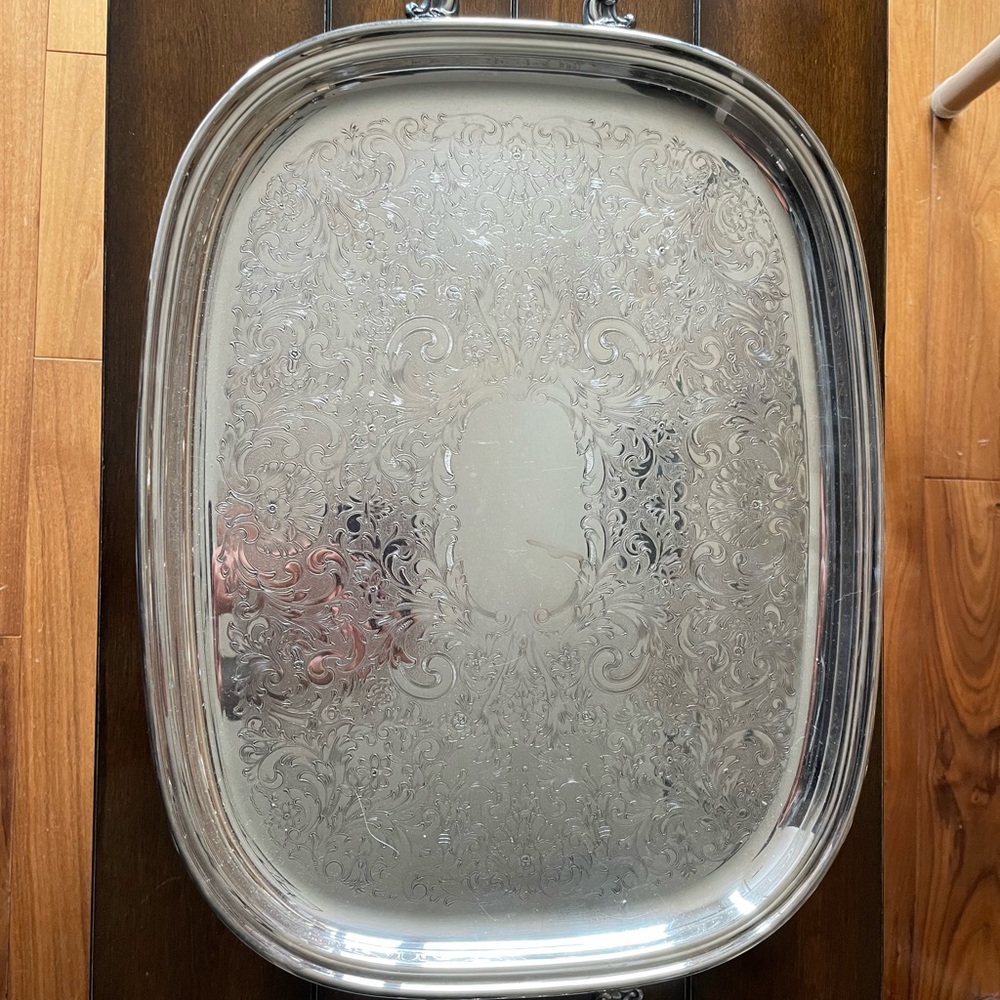 Large Antique 1920s Silver Plated Brass Tray Etched Floral Handle WMA Rogers